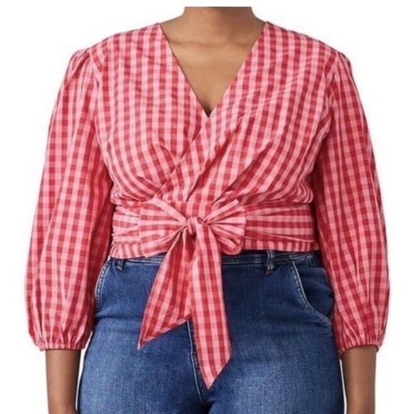 Draper James Eloquii Red & White Gingham Print Blouse 14 Rockabilly Coquette - Picture 3 of 10